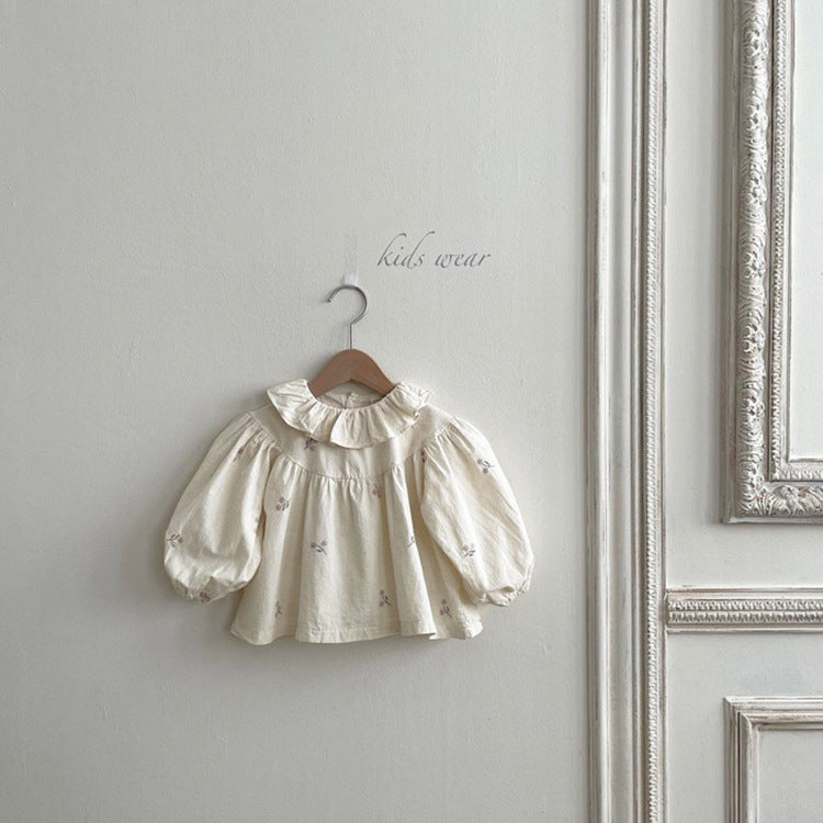 Baby Flower Embroidered Pattern Ruffle Lapel Design Quality Onesies & Shirt-1