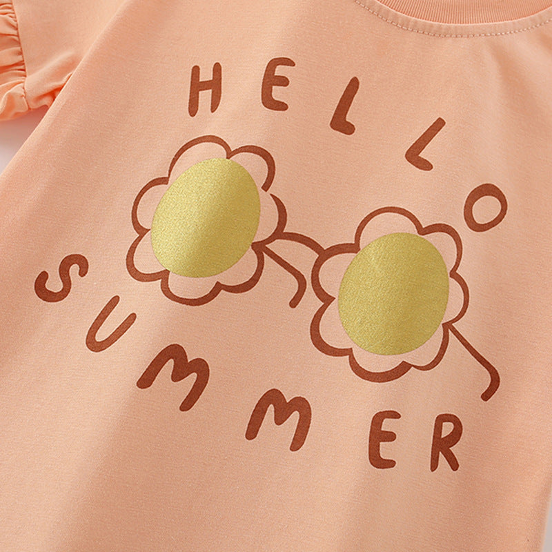 Summer Baby Kids Flowers and Letters Pattern T-shirt and Solid Color Shorts Clothing Set for Girls-2