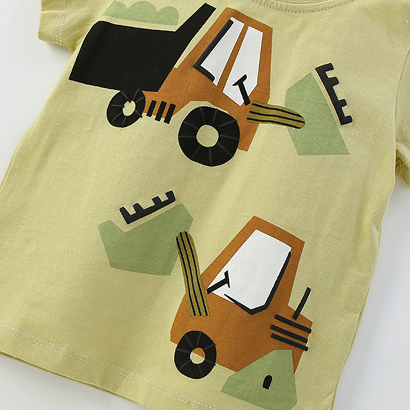 Summer Baby Kids Casual Excavator Cartoon Pattern T-shirt and Shorts Clothing Set for Boys-1
