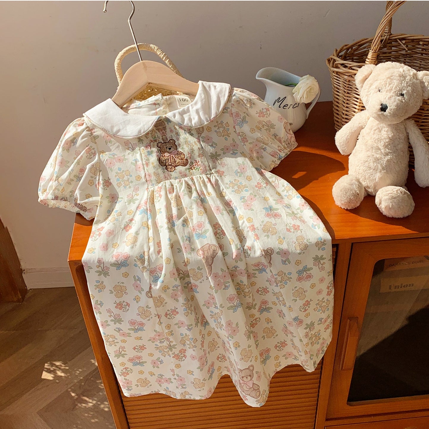 Summer Arrival Baby Kids Girls Cute Short Sleeves Teddy Pattern Embroidered Floral Dress-2