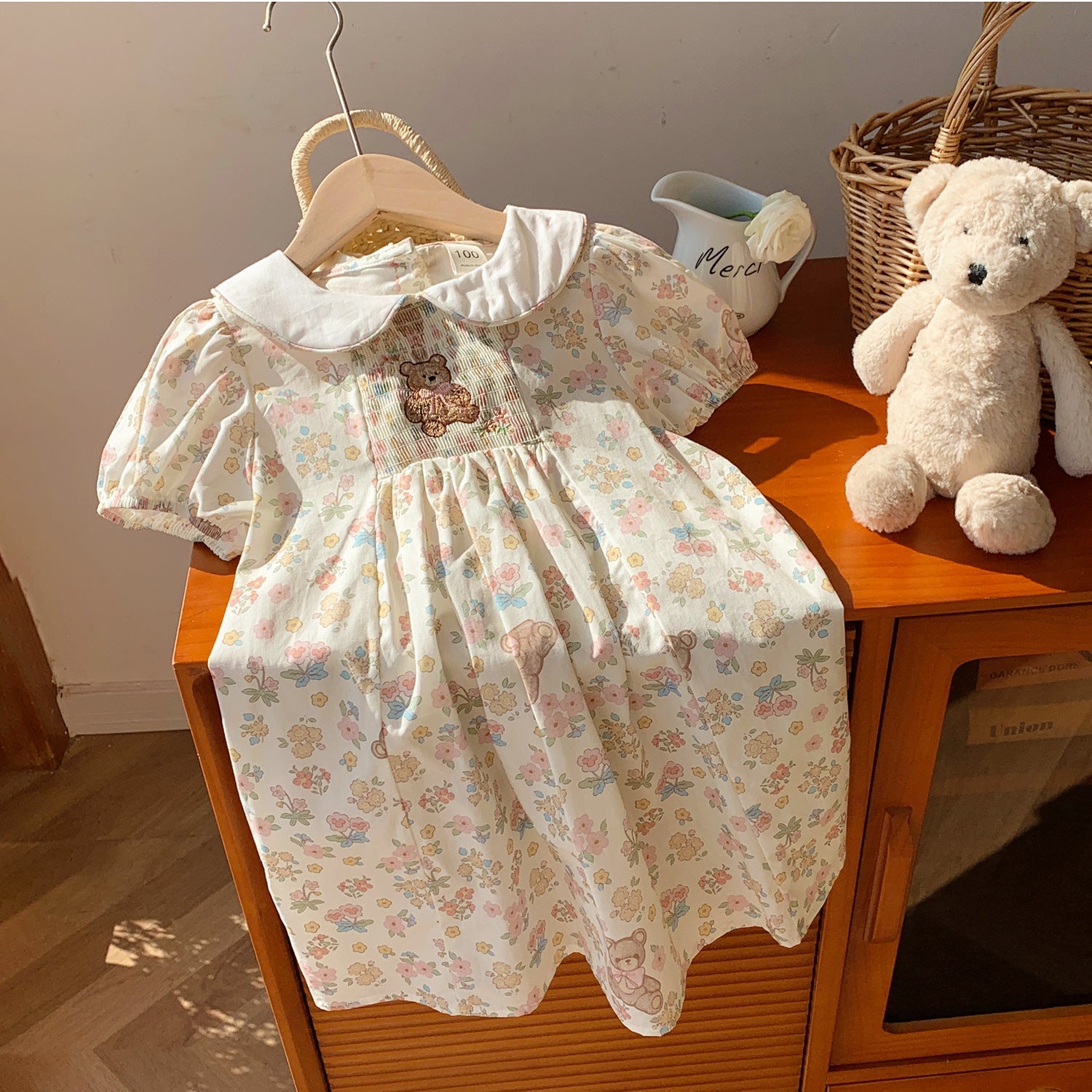 Summer Arrival Baby Kids Girls Cute Short Sleeves Teddy Pattern Embroidered Floral Dress-2