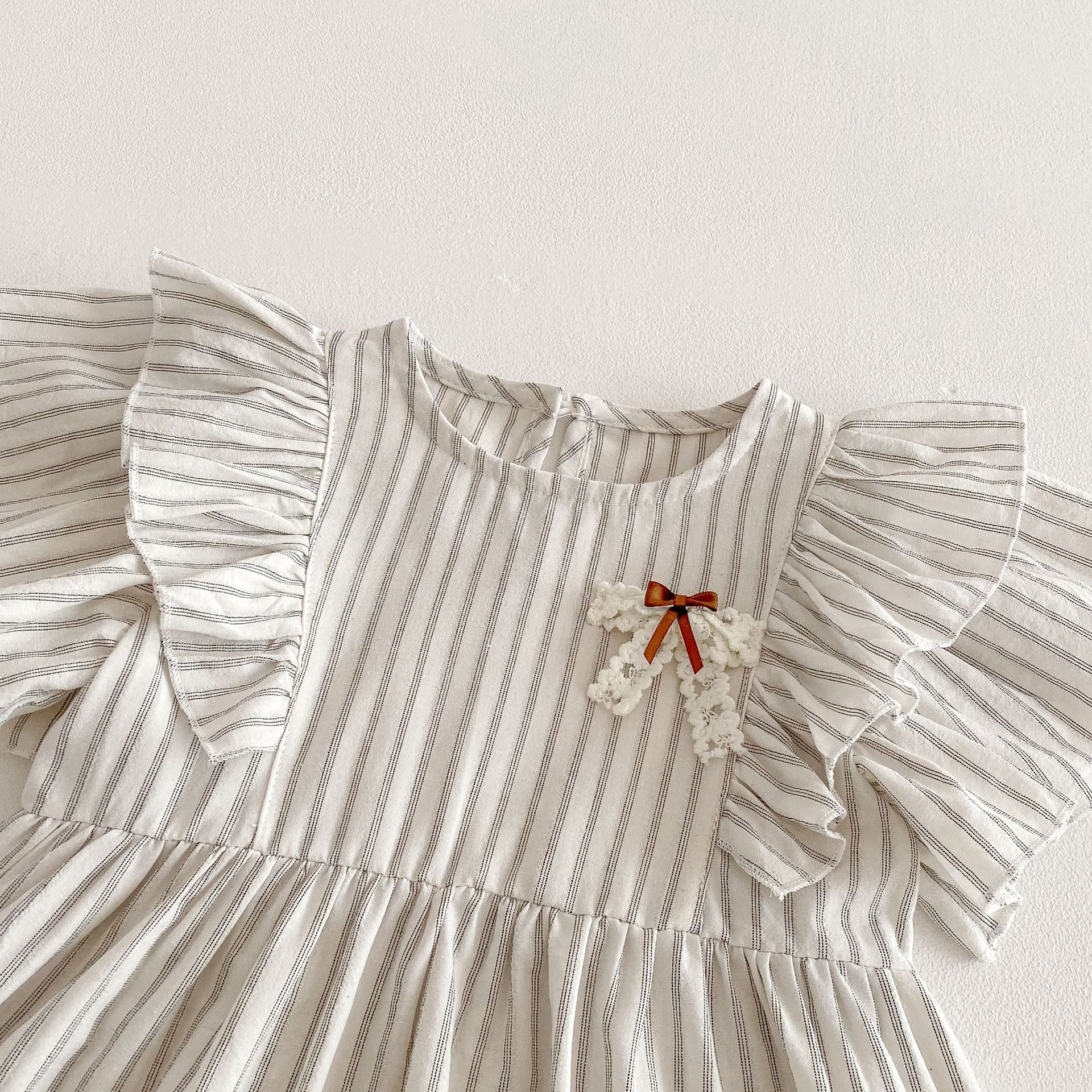 Summer Arrival Baby Girl Striped Pattern Short Sleeves Dress with Butterfly-bow Decoration-3