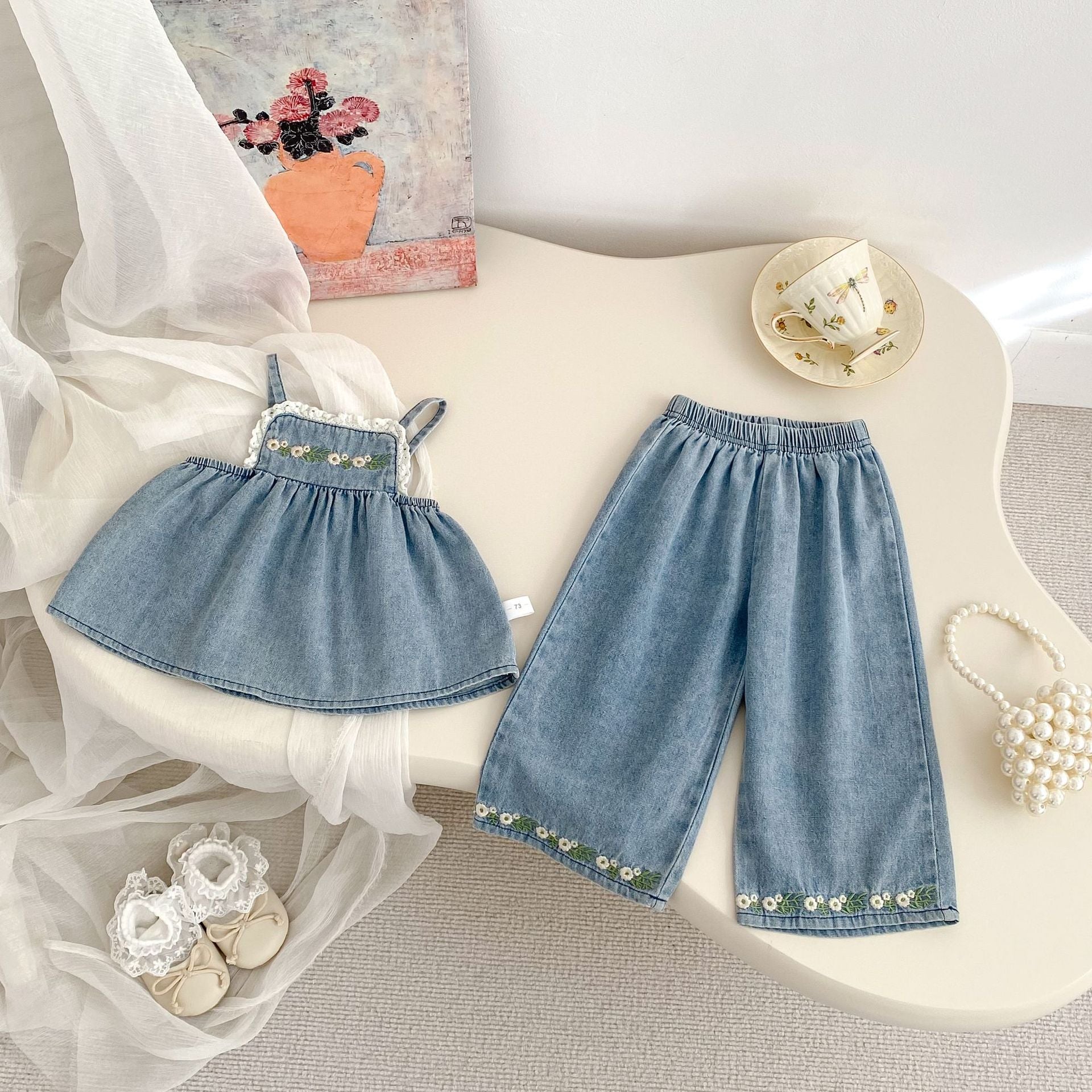 Summer Baby Kids Girls Flowers Pattern Embroidered Sleeveless Top and Pants Denim Clothing-1