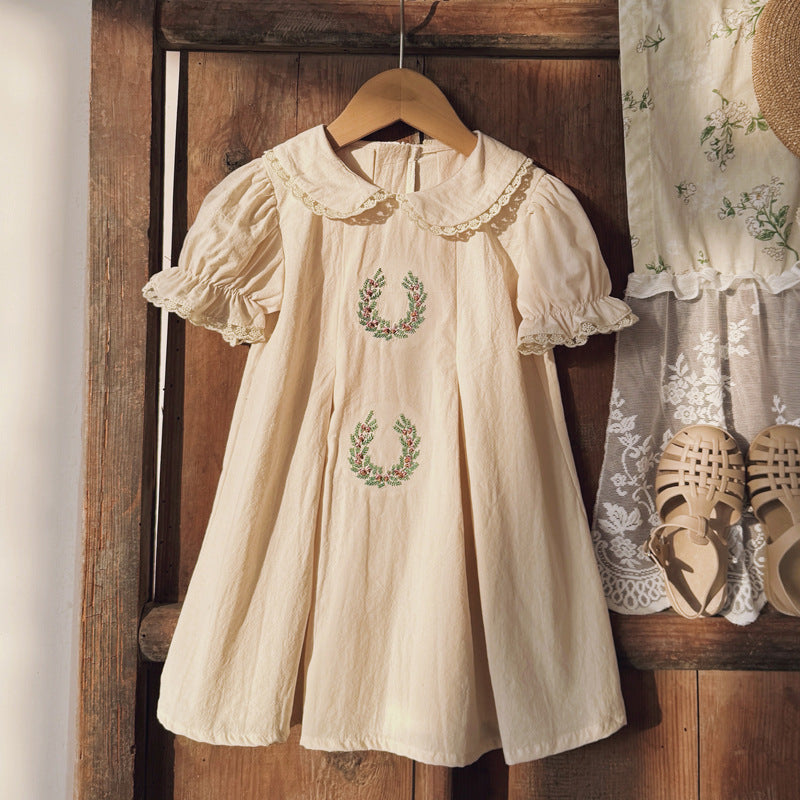 Summer Arrival Baby Kids Girls Cute Short Sleeves Flowers Pattern Embroidered Lace Trim Dress-2