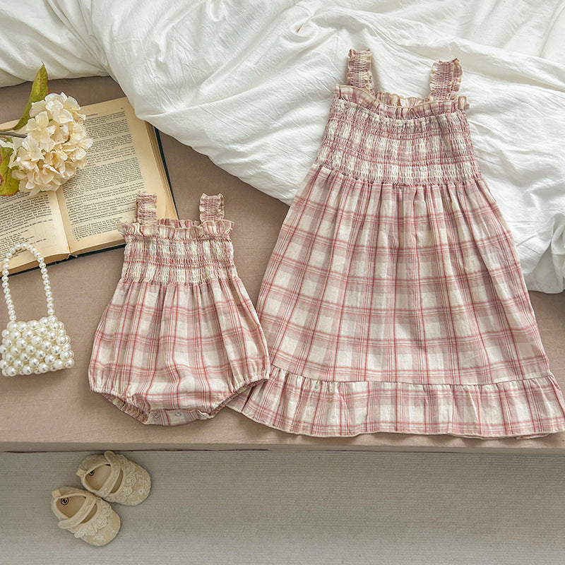Summer Baby Girls French-style Plaid Sleeveless Onesies and Dress – Princess Sister Matching Set-3