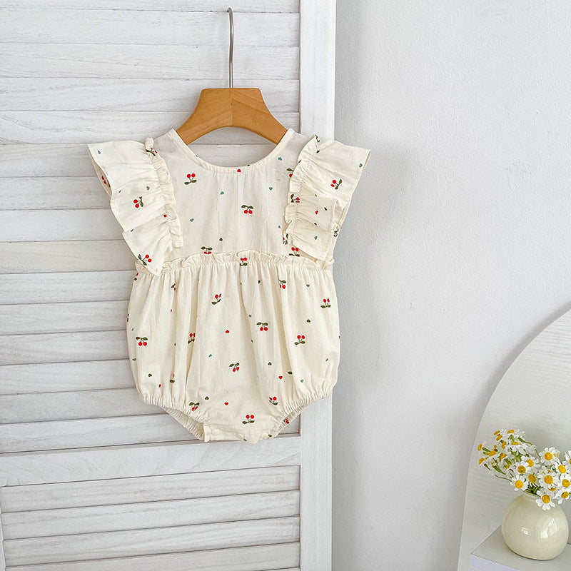Summer Girls Simple Cherry Pattern Fly Sleeves Onesies and Girls’ Dress – Princess Sister Matching-3