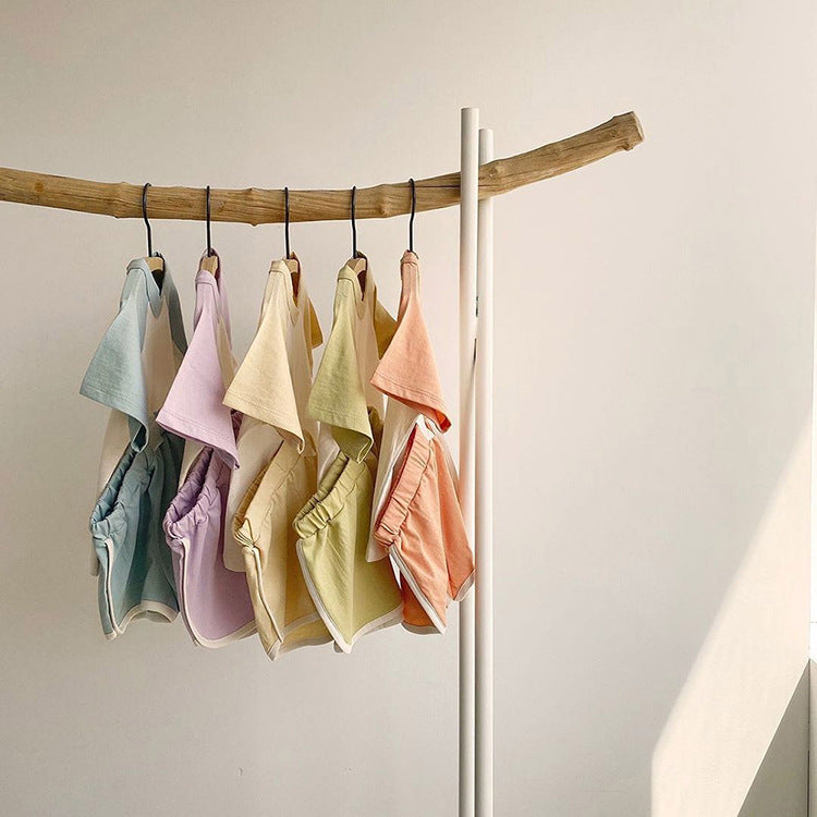 Baby Boys And Girls Color Patchwork Design Round Neck Short-Sleeved Top Combo Shorts Summer Cotton Sets-1