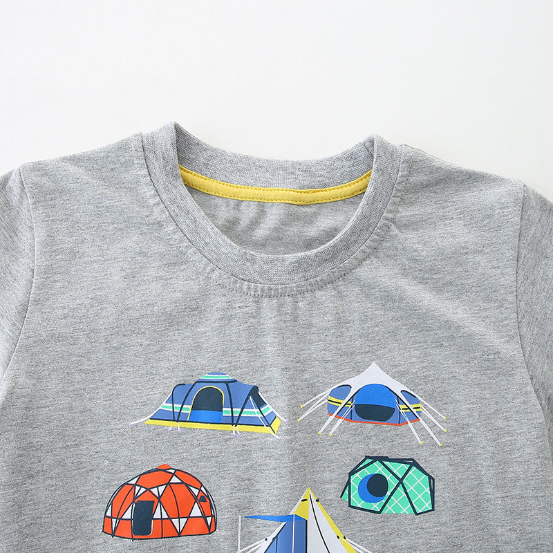 Summer Boys’ Camping Cartoon Pattern T-shirt in European and American Style-3