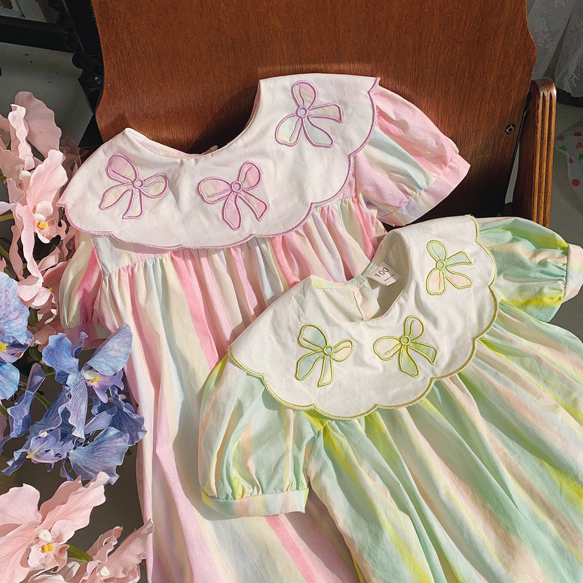 Summer Arrival Baby Kids Girls Short Sleeves Geometric Pattern Embroidered Striped Dress-0