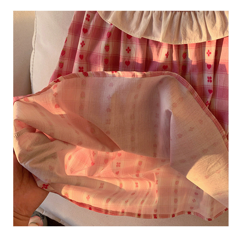 Summer Baby Kids Girls Cute Sleeveless Fruits Pattern Embroidered Plaid Dress-2