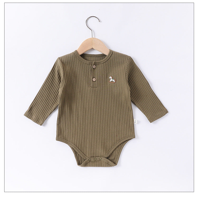 Spring New Arrival Baby Unisex Long Sleeves Striped Onesies Bodysuits with Simple Embroidery-1