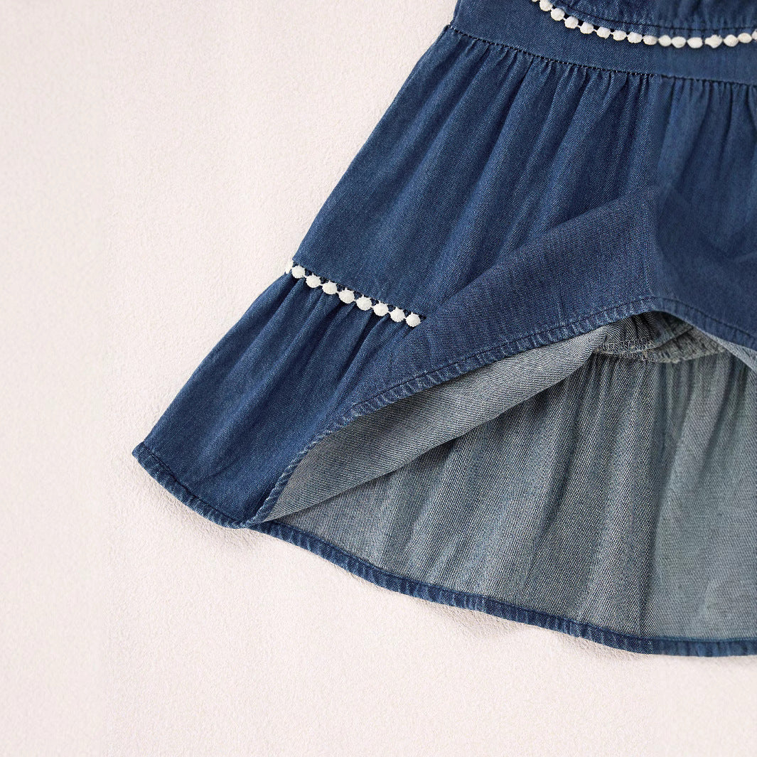 Summer Baby Kids Girls Denim Sleeveless Flowers Pattern Embroidered Dress-2