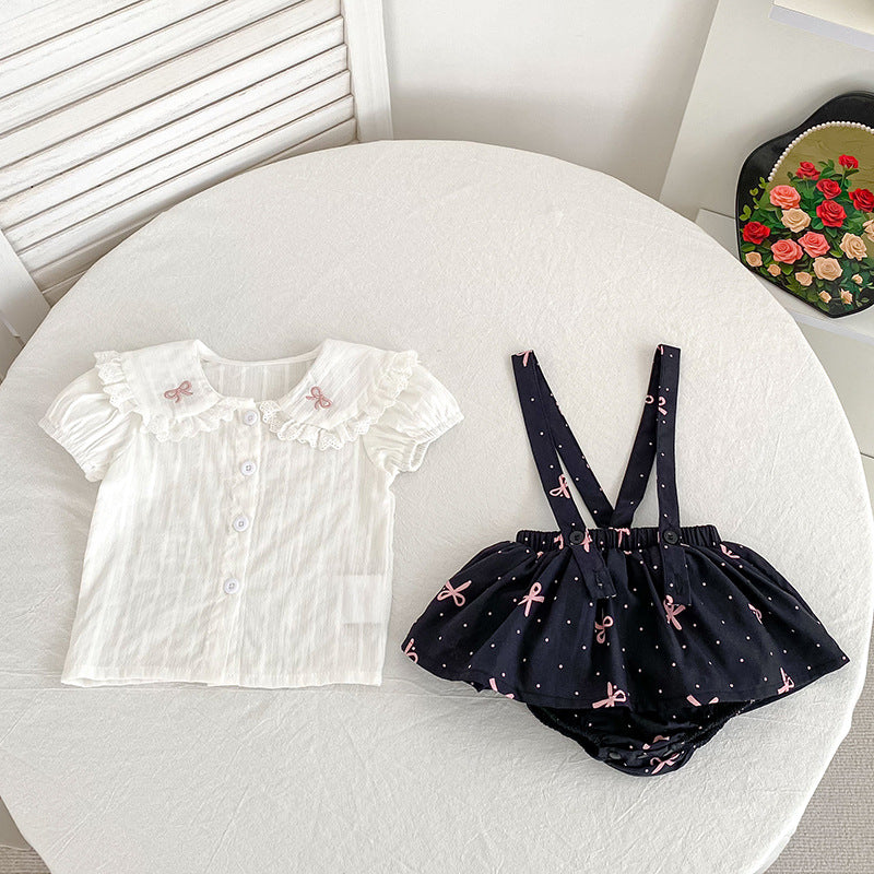 Summer Hot Selling Baby Kids Girls Sleeveless Dots Pattern Strap Onesies Overalls and Beige T-Shirt Clothing Set-2