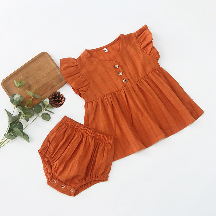 Summer Hot Selling Baby Girls Fly Sleeves Solid Color Top Dress And Bloomers Clothing Set-2