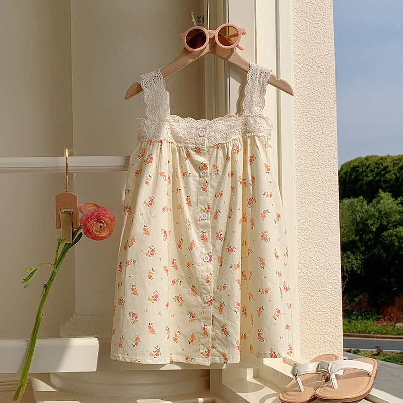 Summer Baby Kids Girls Sleeveless Single Breasted Floral Print Lace Hollow Out Strap Princess Dress-2