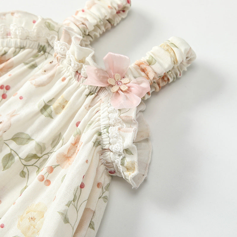 Summer Arrival Sleeveless Floral Pattern Strap Rompers with Hat for Stylish Girls-2