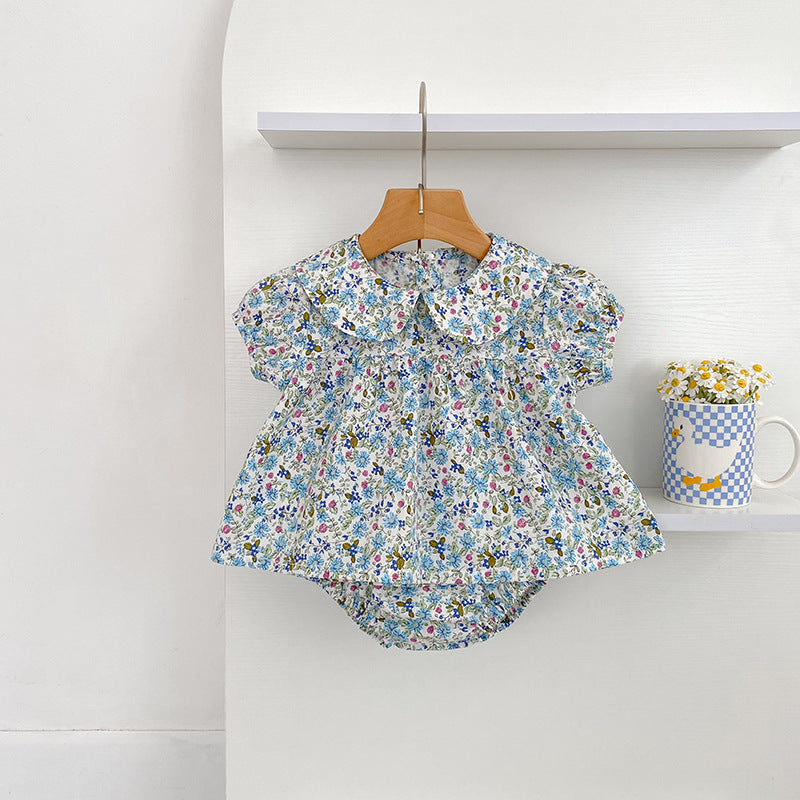 Summer Arrival Baby Girls Short Sleeves Floral Top Dress and Bloomers Clothing Sets-4