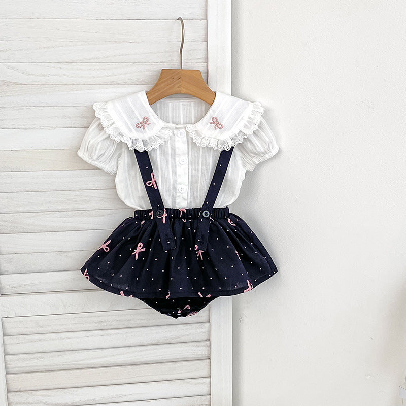 Summer Hot Selling Baby Kids Girls Sleeveless Dots Pattern Strap Onesies Overalls and Beige T-Shirt Clothing Set-3