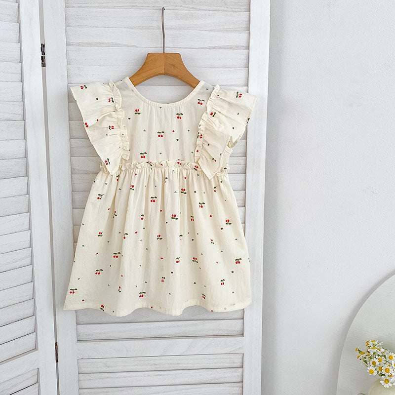 Summer Girls Simple Cherry Pattern Fly Sleeves Onesies and Girls’ Dress – Princess Sister Matching-2
