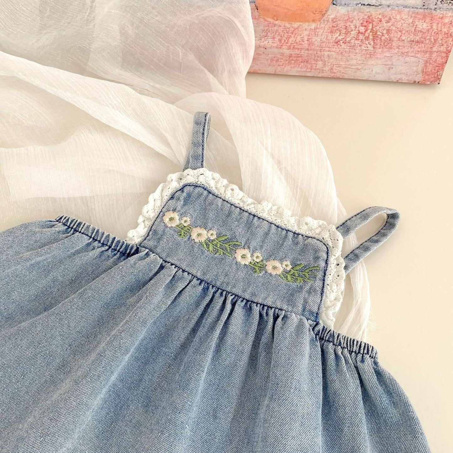 Summer Baby Kids Girls Flowers Pattern Embroidered Sleeveless Top and Pants Denim Clothing-3