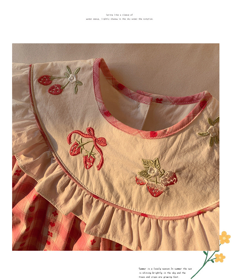 Summer Baby Kids Girls Cute Sleeveless Fruits Pattern Embroidered Plaid Dress-3