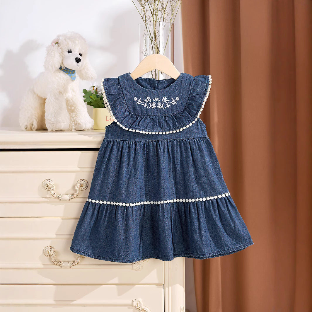 Summer Baby Kids Girls Denim Sleeveless Flowers Pattern Embroidered Dress-0
