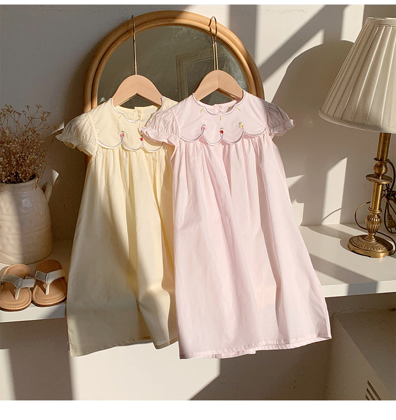 Summer Baby Kids Girls French Short Sleeves Floral Pattern Embroidered Dress-0