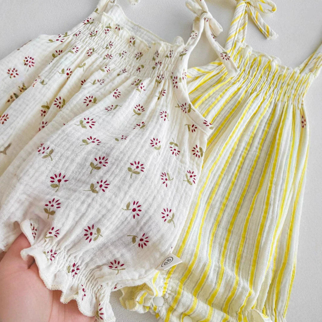 Summer Arrival Baby Girls Flowers or Striped Pattern Sleeveless Onesies-2