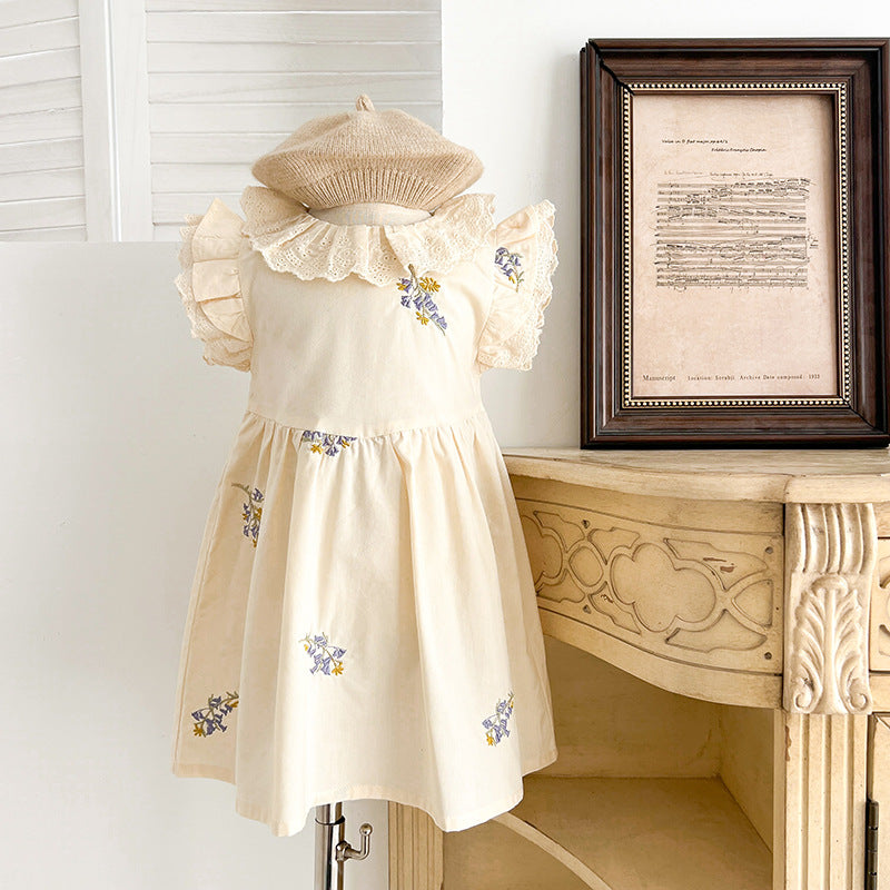 Summer Baby Girls French-style Flowers Embroidery Pattern Fly-sleeved Onesies and Dress – Princess Sister Matching-2