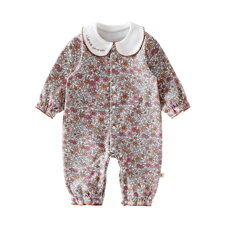 Spring New Arrival Baby Girls Long Sleeves Floral Pattern Rompers with Simple Embroidery-1