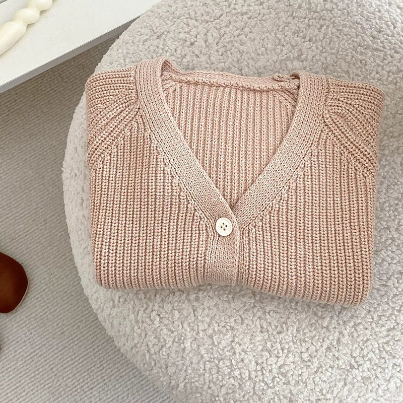 Autumn Arrival Baby Kids Unisex Comfortable Solid Color Knitted Long Sleeves V Neck Cardigan-2