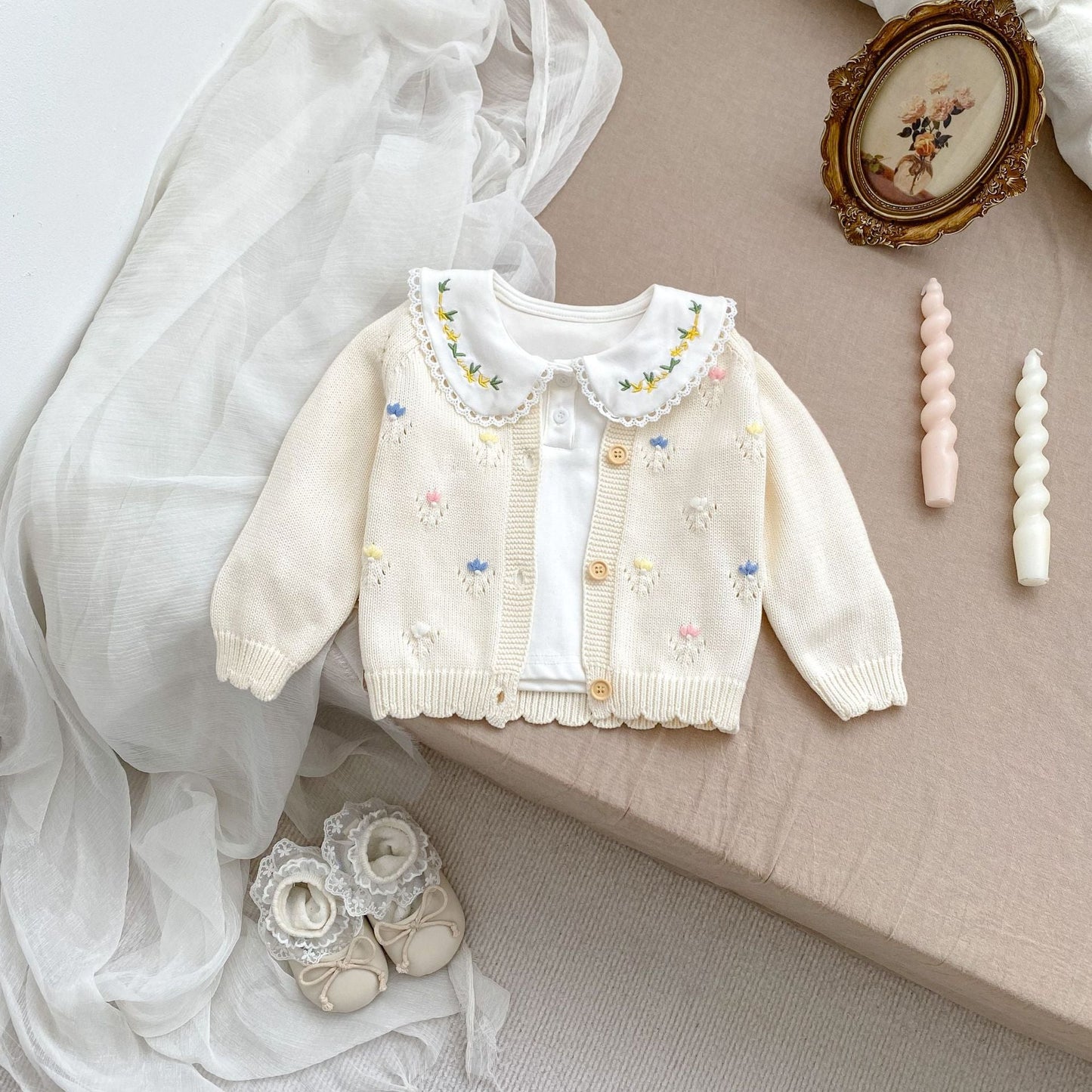 Arrival Baby Girls Comfortable Floral Embroidery Pattern Knitted Long Sleeves Cardigan-4