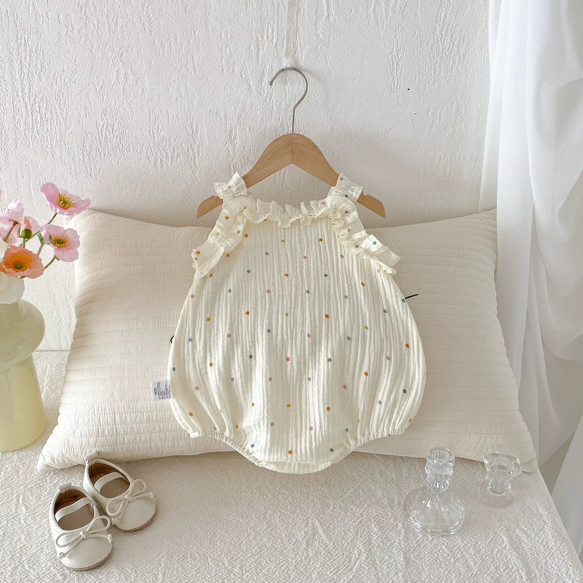 Summer Arrival Baby Girls Sleeveless Butterfly-bow Decorated Onesies with Colorful Dots Pattern-1