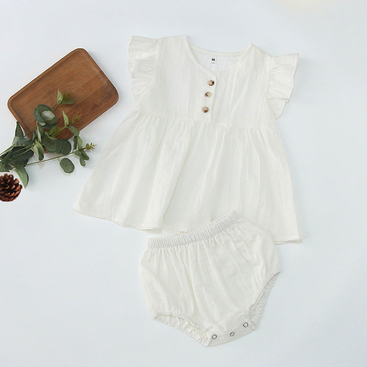 Summer Hot Selling Baby Girls Fly Sleeves Solid Color Top Dress And Bloomers Clothing Set-3