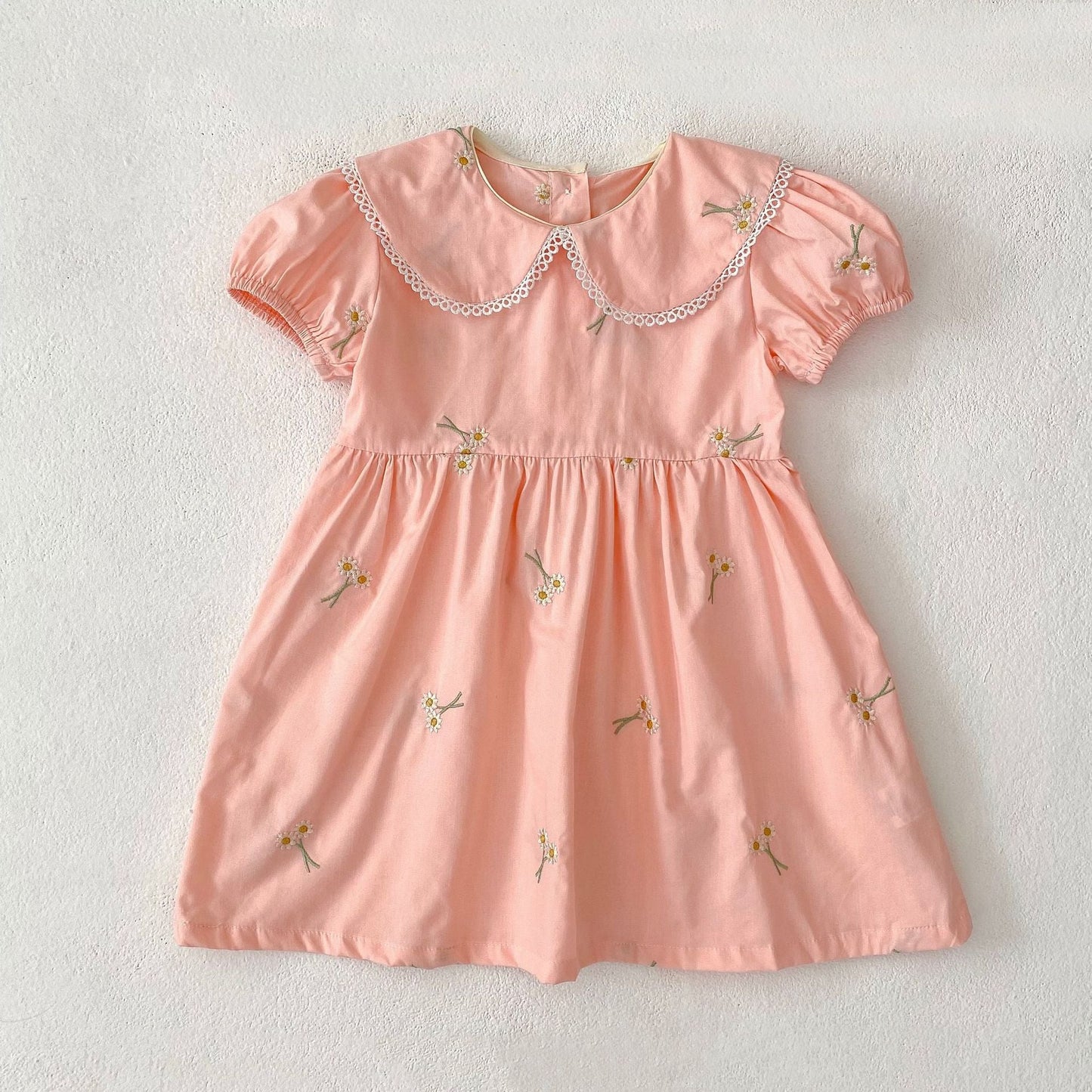 Summer Girls Simple Floral Embroidery Lace Trim Collar Short Sleeves Onesies and Girls’ Dress – Princess Sister Matching-2