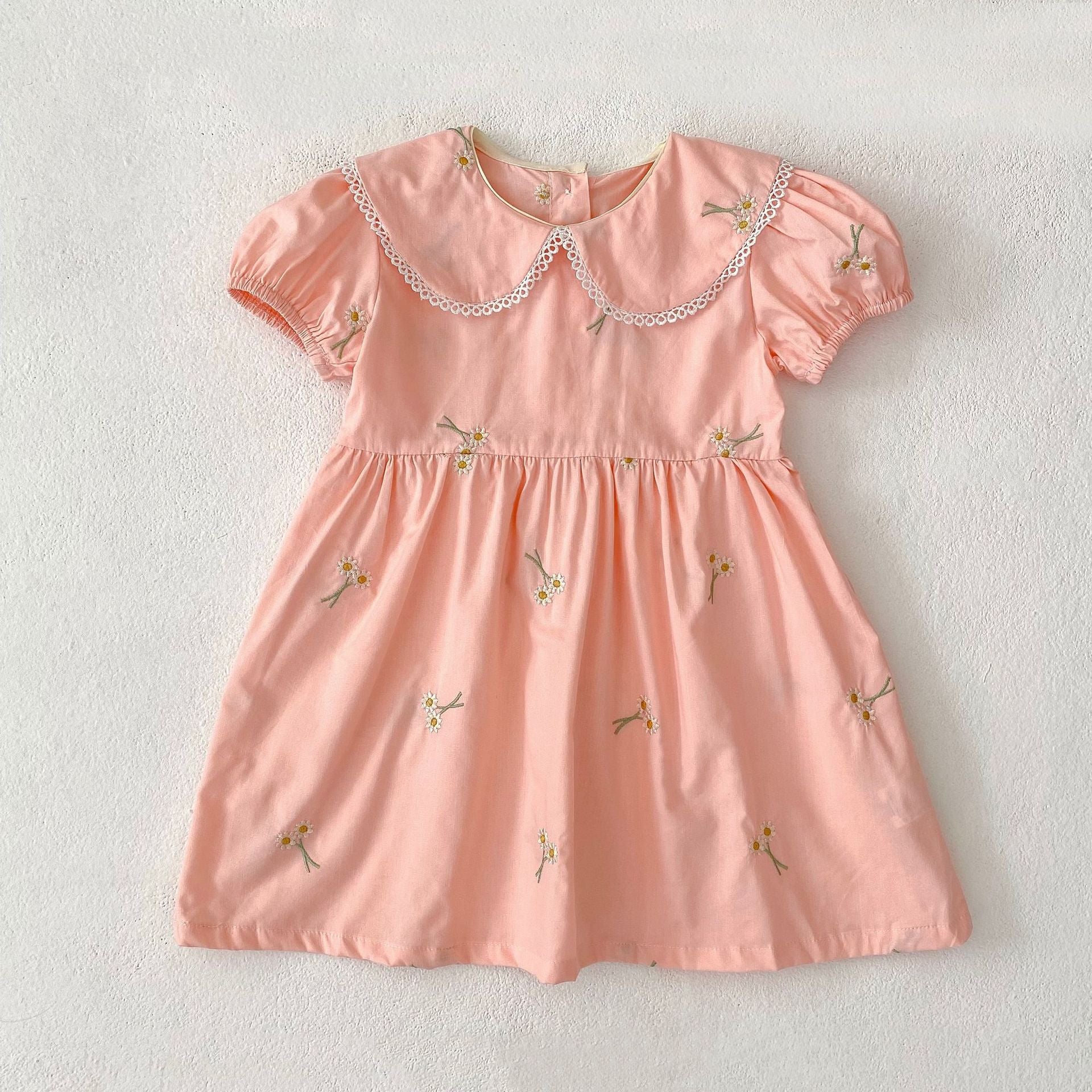 Summer Girls Simple Floral Embroidery Lace Trim Collar Short Sleeves Onesies and Girls’ Dress – Princess Sister Matching-2