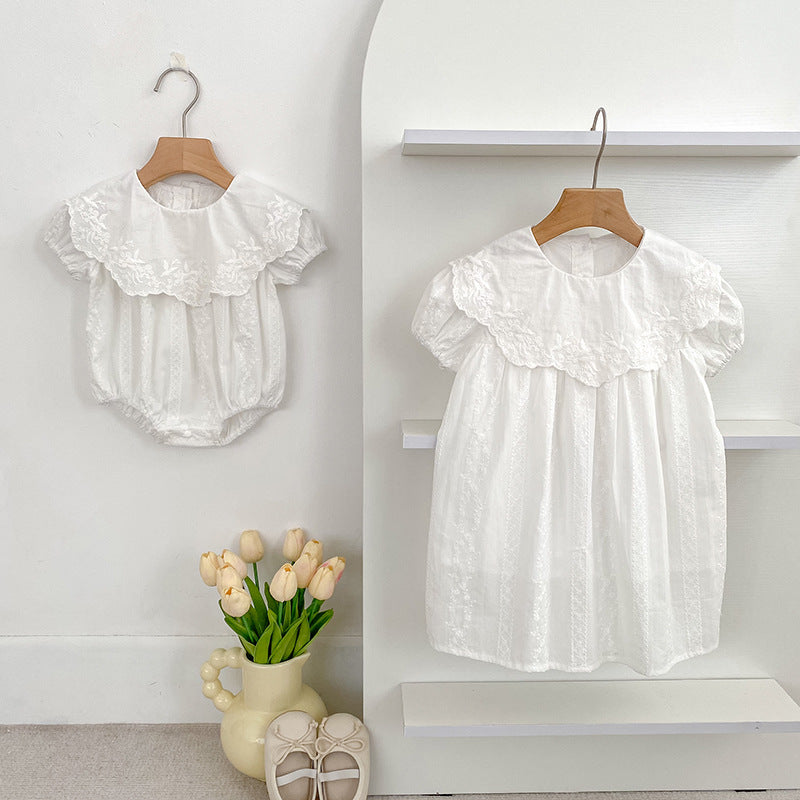 Summer Girls Solid Color Simple Floral Embroidery Big Collar Onesies and Dress – Princess Sister Matching Set-0