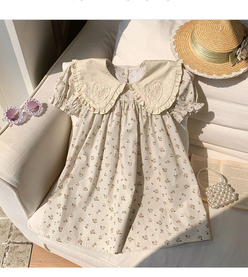 Summer Arrival Floral Pattern Short Sleeves Heart Pattern Collar Dress for Stylish Girls-1
