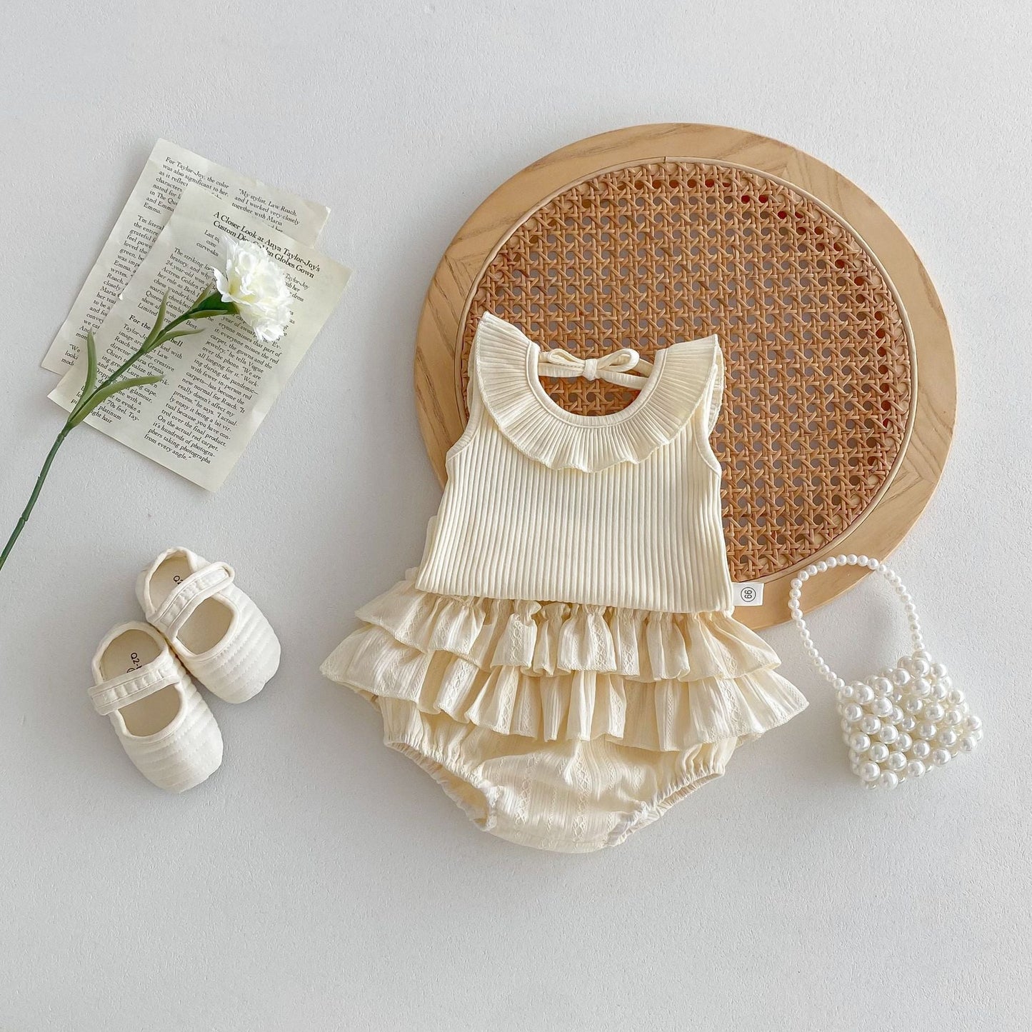 Summer Baby Kids Girls Solid Color Sleeveless Ruffle Collar Vest And Skirt Clothing Set-0