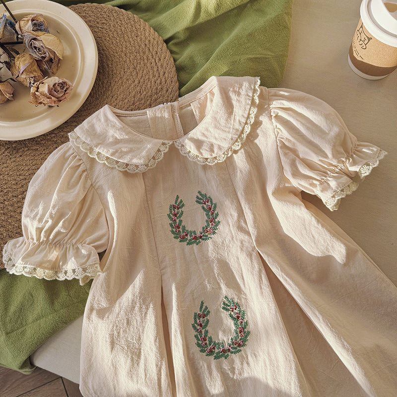 Summer Arrival Baby Kids Girls Cute Short Sleeves Flowers Pattern Embroidered Lace Trim Dress-3