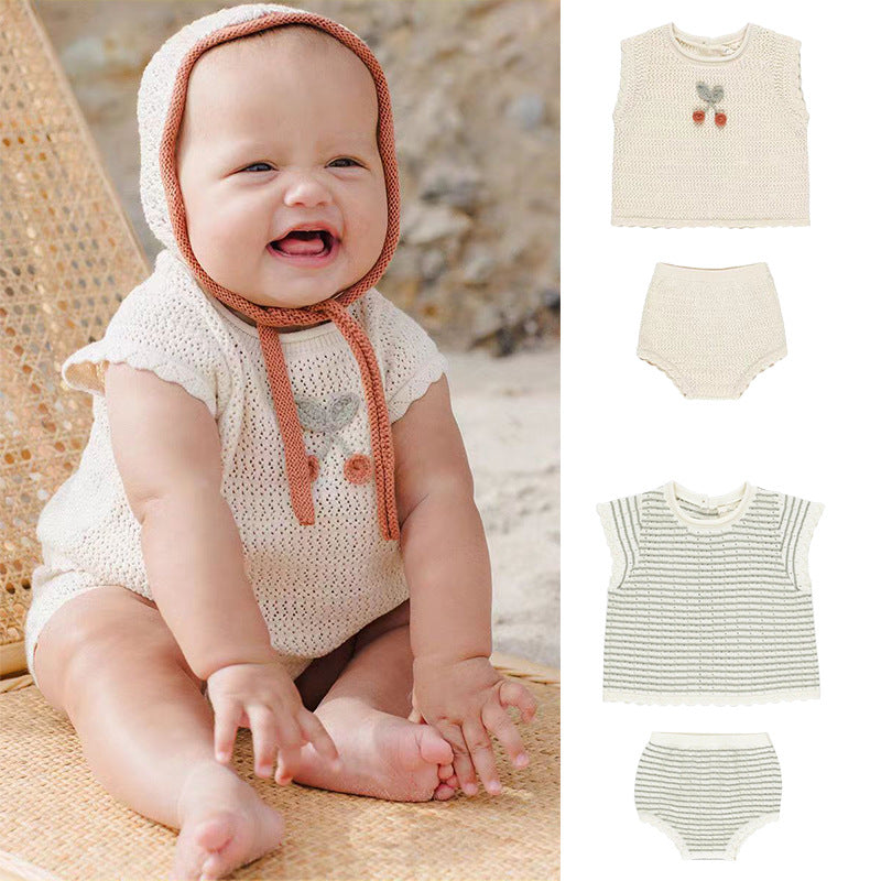 Summer Arrival Baby Unisex Sleeveless Knitted Top Vest and Bloomers Clothing Sets-0