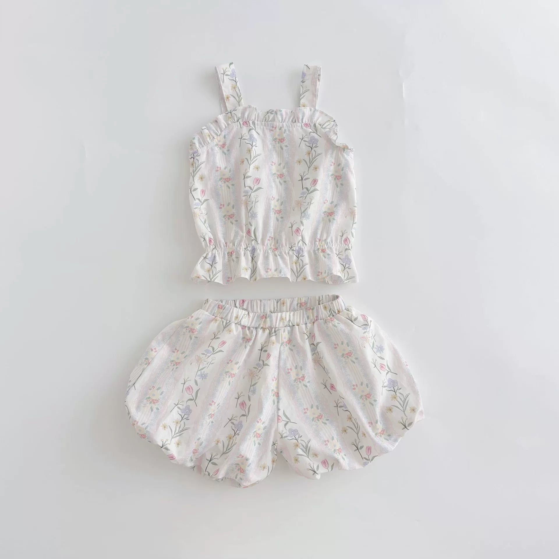 Summer Hot Selling Baby Girls Sleeveless Flowers Pattern Vest and Shorts Clothing Set-0