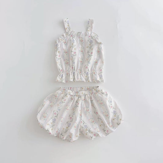 Summer Hot Selling Baby Girls Sleeveless Flowers Pattern Vest and Shorts Clothing Set-0