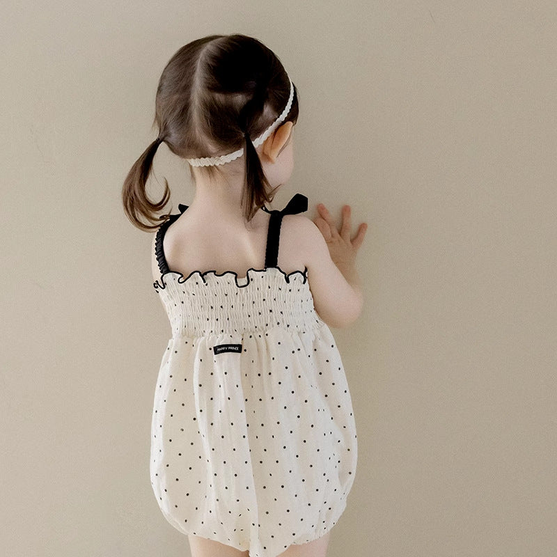 Summer Arrival Baby Girls Cute Dots Pattern Sleeveless Pleated Strap Onesies-1
