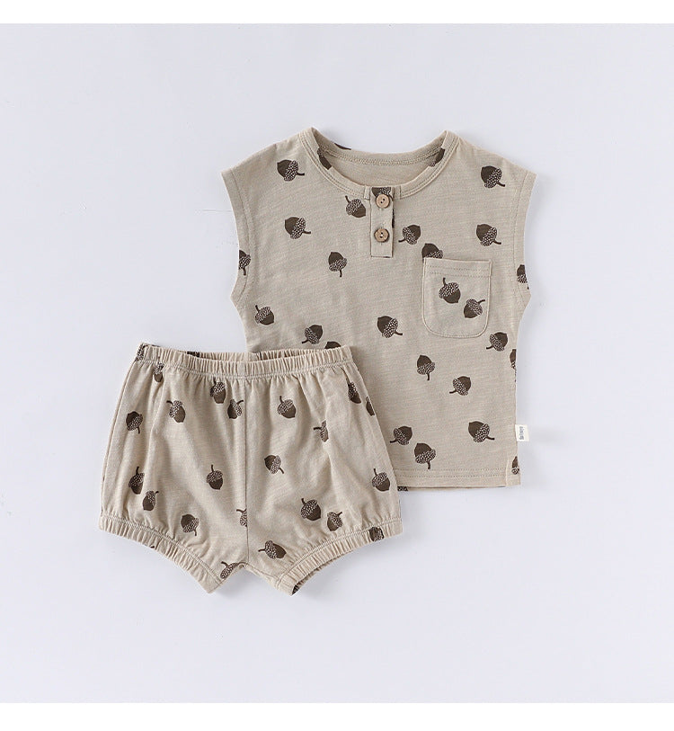 Summer Arrival Baby Unisex Sleeveless Fruits Pattern Top Vest and Shorts Clothing Sets-5