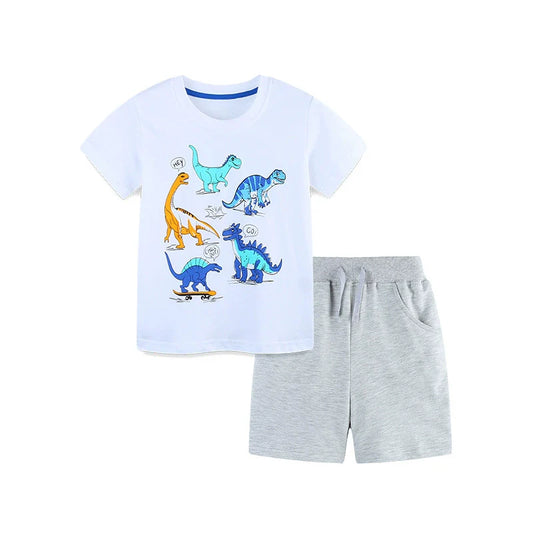 Summer Baby Kids Cartoon Animals Pattern T-shirt and Shorts Color Patchwork Clothing Set for Boys-0