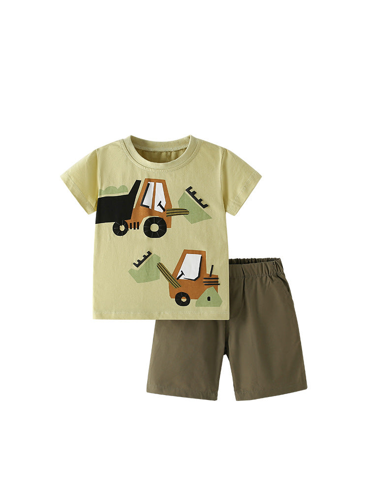 Summer Baby Kids Casual Excavator Cartoon Pattern T-shirt and Shorts Clothing Set for Boys-4