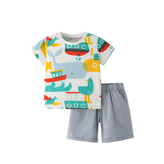 Summer Baby Kids Fish Cartoon Pattern T-shirt and Shorts Clothing Set for Boys-0