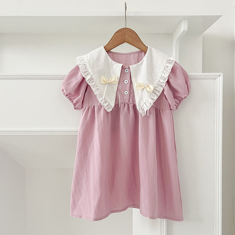 New Arrival Summer Girls Vintage Countryside Double-Bow Collar Short Sleeves Dress-3