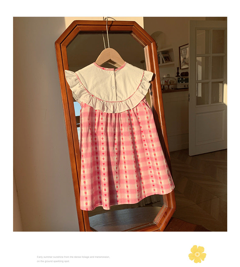 Summer Baby Kids Girls Cute Sleeveless Fruits Pattern Embroidered Plaid Dress-4